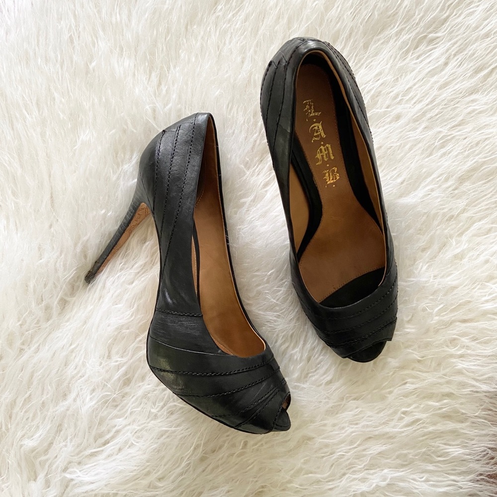 L.A.M.B. By Gwen Stefani black leather shoe open toe heels ska pop punk pump
